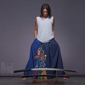 Long cotton skirt "Samurai Girl", model "Solar dark blue"  With avant-garde and colorful print