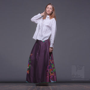 Long cotton skirt "Samurai Girl", model "Cosmic dark purple"  With avant-garde and colorful print
