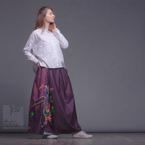 Long cotton skirt "Samurai Girl", model "Cosmic Dark Purple"  With avant-garde and colorful print, designed by Squareroot5 fashion 