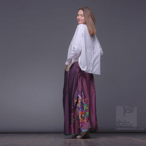Long cotton skirt "Samurai Girl", model "Cosmic Dark Violet" (5) With avant-garde and colorful print, designed by Squareroot5 fashion 