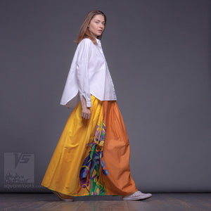 Avantgarde modern maxi long skirt with bright abstract pattern by Squareroot5 wear