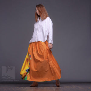 Long summer yello semi pleated skirt "Samurai girl". Innovation design by Squareroot5 wear.