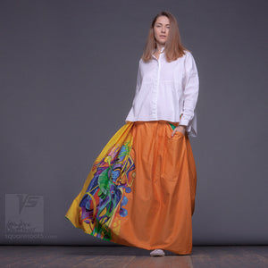 Long cotton skirt "Samurai Girl", model "Solar yellow"  With avant-garde and colorful print