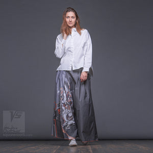 Long cotton skirt "Samurai Girl", model "Cosmic monochrome grey"  With avant-garde and colorful print
