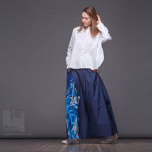 Long cotton skirt "Samurai Girl", model "Solar Blue Water"  With avant-garde and colorful print, designed by Squareroot5 fashion 