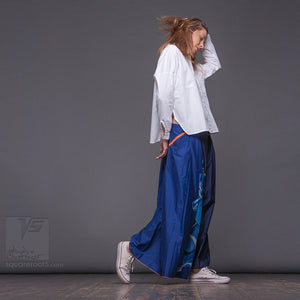 Long cotton skirt "Samurai Girl", model "Solar monochrome blue"  With avant-garde and colorful print