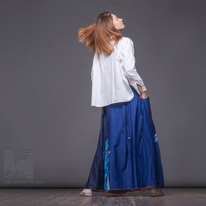 Avant-garde  design semi pleated monochrome blue skirt. "Samurai girl". Japanese stile.