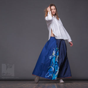 Long summer monochrome blue semi pleated skirt "Samurai girl". Innovation design by Squareroot5 wear.
