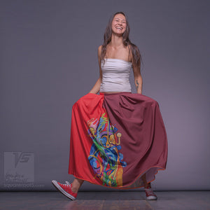 Long cotton skirt "Samurai Girl", model "Solar  Red". With avant-garde and colorful print, designed by Squareroot5 wear 