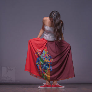 Long cotton skirt "Samurai Girl", model "Solar red"  With avant-garde and colorful print