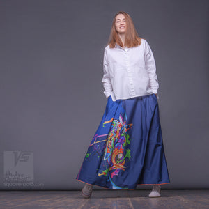 Long cotton skirt "Samurai Girl", model "Cosmic Dark Blue" With avant-garde and colorful print, designed by Squareroot5 wear 