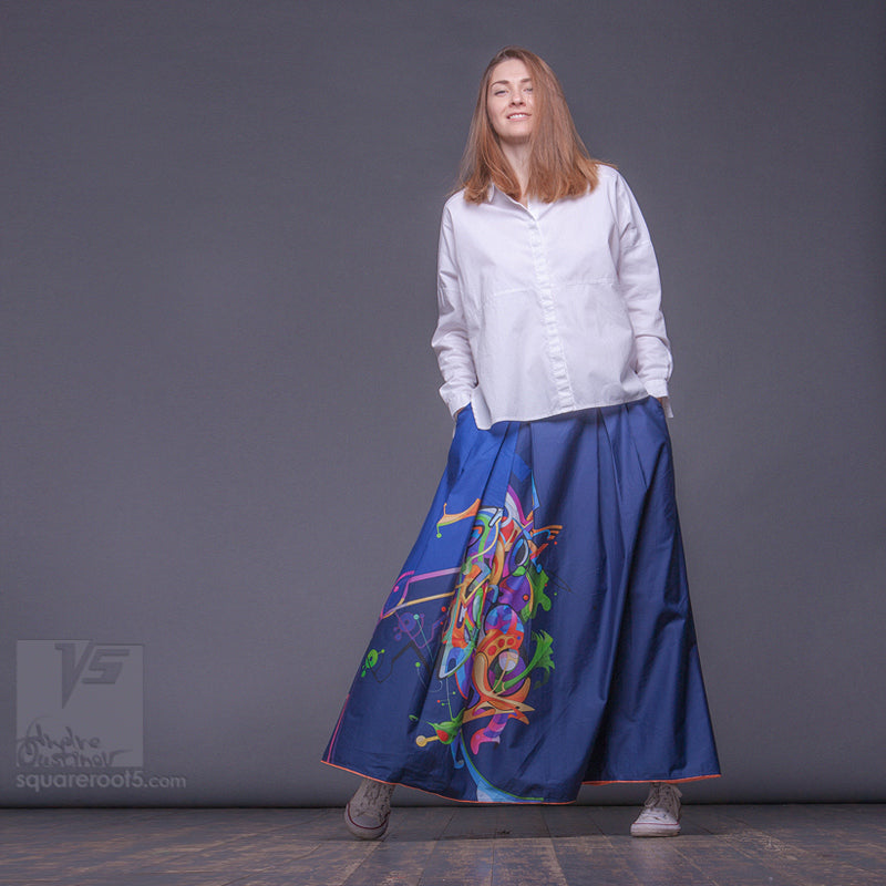 Long cotton skirt "Samurai Girl", model "Cosmic Dark Blue" With avant-garde and colorful print, designed by Squareroot5 wear 