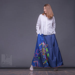 Long cotton skirt "Samurai Girl", model "Cosmic dark blue"  With avant-garde and colorful print