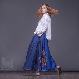 Asymmetric unusual maxi skirt. Japanese style. Dark-blue maxi skirt
