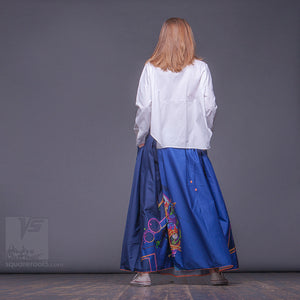 Experimental asymmetrical maxi skirt with abstract pattern by Squareroot5 wear