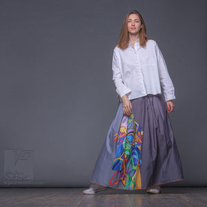 Long cotton skirt "Samurai Girl", model "Solar grey"  With avant-garde and colorful print