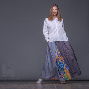 Long summer grey semi pleated skirt "Samurai girl". Innovation design by Squareroot5 wear.