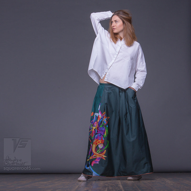 Long cotton skirt "Samurai Girl", model "Cosmic Emerald"  With avant-garde and colorful print, designed by Squareroot5 wear 