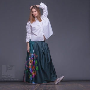 Experimental Long cotton skirt "Samurai Girl", model "Cosmic Emerald"  With Avant-garde and colorful print
