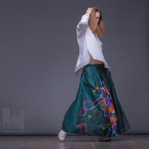 Experimental asymmetrical maxi skirt with abstract pattern by Squareroot5 wear
