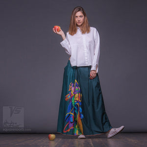 Long cotton skirt "Samurai Girl", model "Solar Emerald"  With avant-garde and colorful print