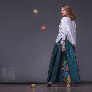 Long cotton skirt "Samurai Girl", model "Solar Emerald"  With Avant-garde  and colorful print, designed by Squareroot5 wear 