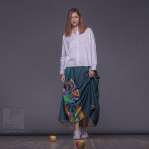 Uncommon long semi pleated skirt with abstract bright pattern