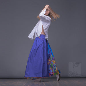 Asymmetrical maxi skirt. Japanese style. Cerulean-blue color. Squareroot5 wear
