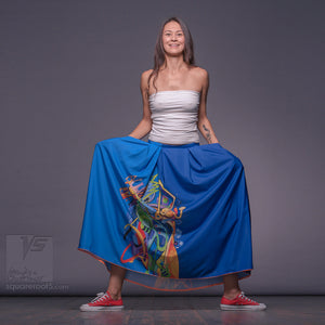 Long cotton skirt "Samurai Girl", model "Solar Cerulean"  With avant-garde and colorful print