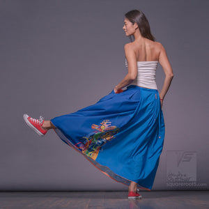 Long cotton skirt "Samurai Girl", model "Solar Cerulean"  With avant-garde and colorful print, designed by Squareroot5 wear