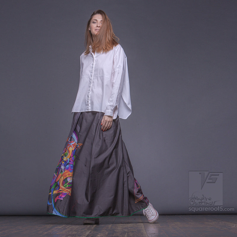 Long cotton skirt "Samurai Girl", model "Cosmic Grey"  With avant-garde and colorful print, designed by Squareroot5 wear