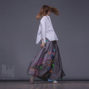 Long cotton skirt "Samurai Girl", model "Cosmic Grey" 5 With avant-garde and colorful print, designed by Squareroot5 wear