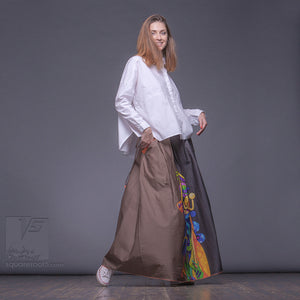 Long cotton skirt "Samurai Girl", model "Solar Ochre" 3 With avant-garde and colorful print, designed by Squareroot5 wear