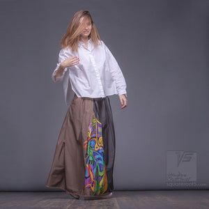 Long cotton skirt "Samurai Girl", model "Solar Ochre" 5 With avant-garde and colorful print, designed by Squareroot5 wear