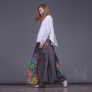 Long cotton skirt "Samurai Girl", model "Solar Ochre" 2 With avant-garde and colorful print, designed by Squareroot5 wear