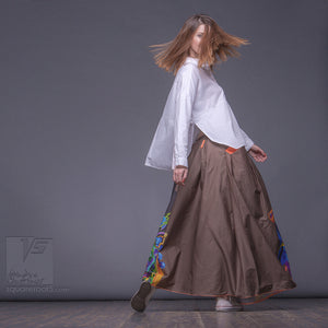 Long cotton skirt "Samurai Girl", model "Solar Ochre" 4 With avant-garde and colorful print, designed by Squareroot5 wear