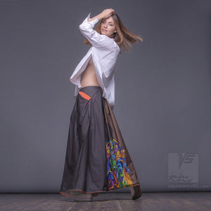 Long cotton skirt "Samurai Girl", model "Solar Ochre" 5 With avant-garde and colorful print, designed by Squareroot5 wear