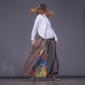 Long cotton skirt "Samurai Girl", model "Solar Ochre" 1 With avant-garde and colorful print, designed by Squareroot5 wear