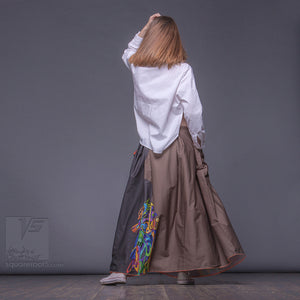 Long cotton skirt "Samurai Girl", model "Solar Ochre" 6 With avant-garde and colorful print, designed by Squareroot5 wear
