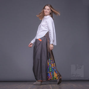 Long cotton skirt "Samurai Girl", model "Solar Ochre" 7 With avant-garde and colorful print, designed by Squareroot5 wear