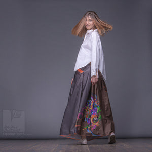 Long cotton skirt "Samurai Girl", model "Cosmic Ochre" With avant-garde and colorful print, designed by Squareroot5 wear