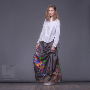 Long cotton skirt "Samurai Girl", model "Cosmic ochre"  With avant-garde and colorful print