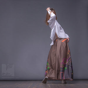 Experimental asymmetrical maxi skirt with abstract pattern by Squareroot5 wear. Ochre color. Japanese stile.