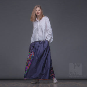 Long cotton skirt "Samurai Girl", model "Cosmic dark violet"  With avant-garde and colorful print