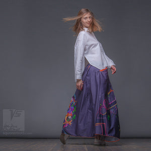 Long cotton skirt "Samurai Girl", model "Cosmic Dark Violet" With avant-garde and colorful print, designed by Squareroot5 wear