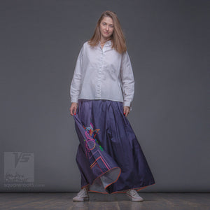Asymmetric unusual maxi skirt. Japanese style. Violet color