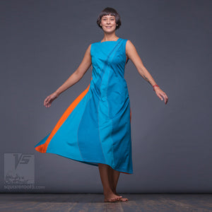 Bright, long avant-garde summer dress with side pockets "Water". Cyan  colors.